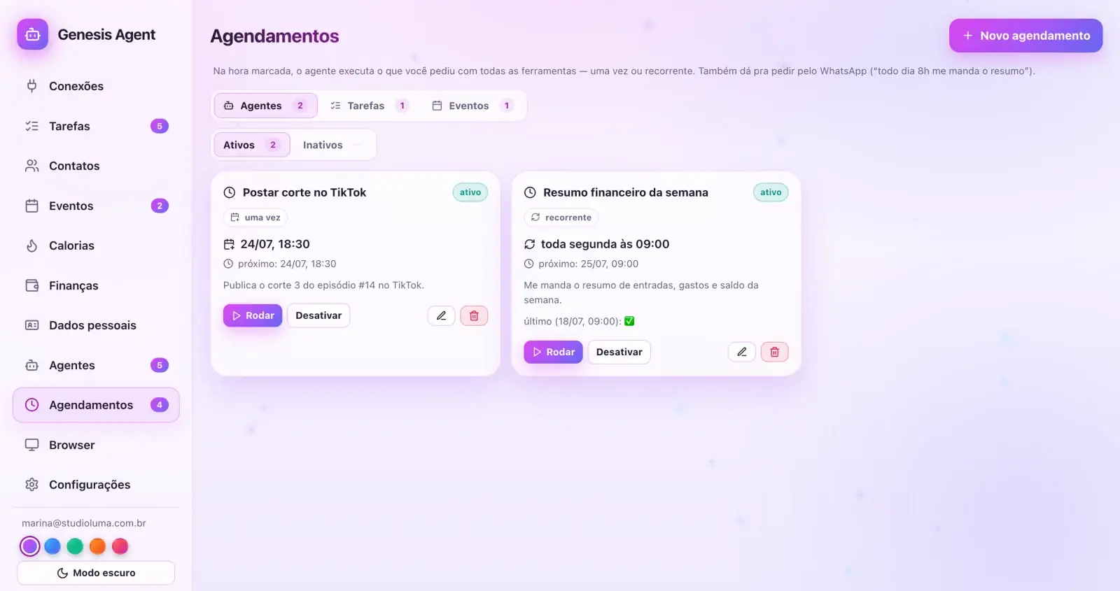 Tela de agendamentos com fluxos recorrentes ativos do agente
