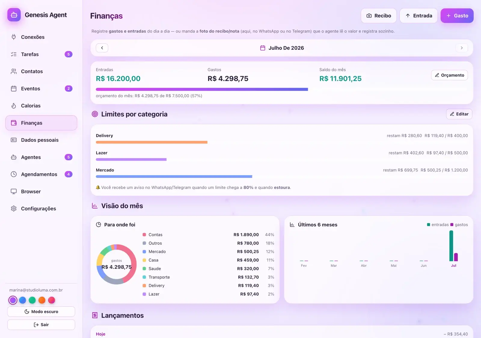 Tela de finanças com entradas, gastos, saldo do mês, limites por categoria e gráficos