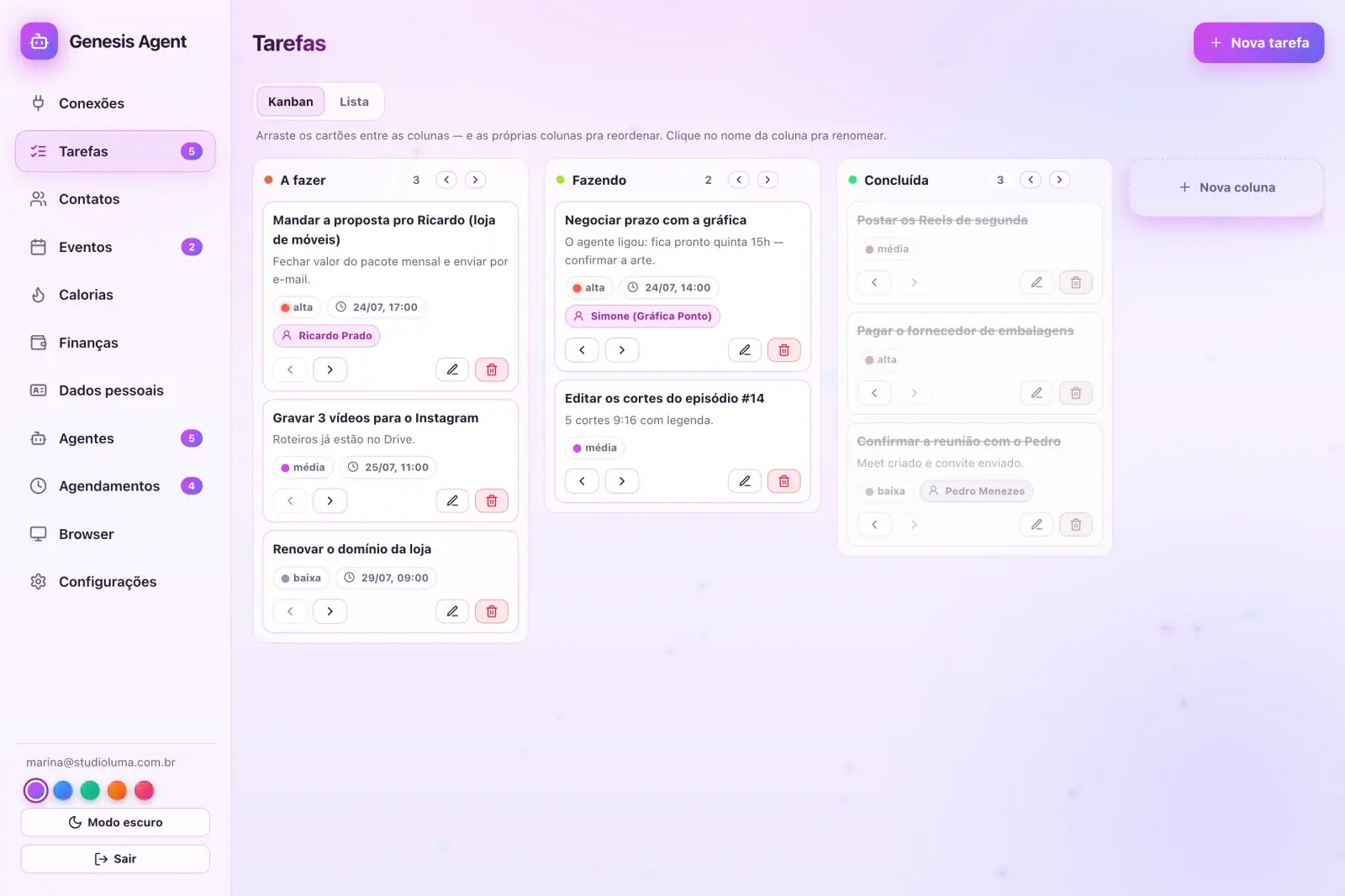 Quadro Kanban de tarefas criado pelo agente a partir de mensagens no WhatsApp